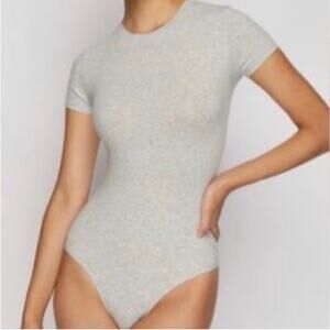 Skims 3X Cotton Jersey Bodysuit grey short sleeve crew neck thong